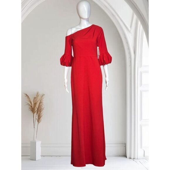 Aidan Mattox Asymmetrical Neck Line 3/4 Sleeve Red Gown - Picture 1 of 7